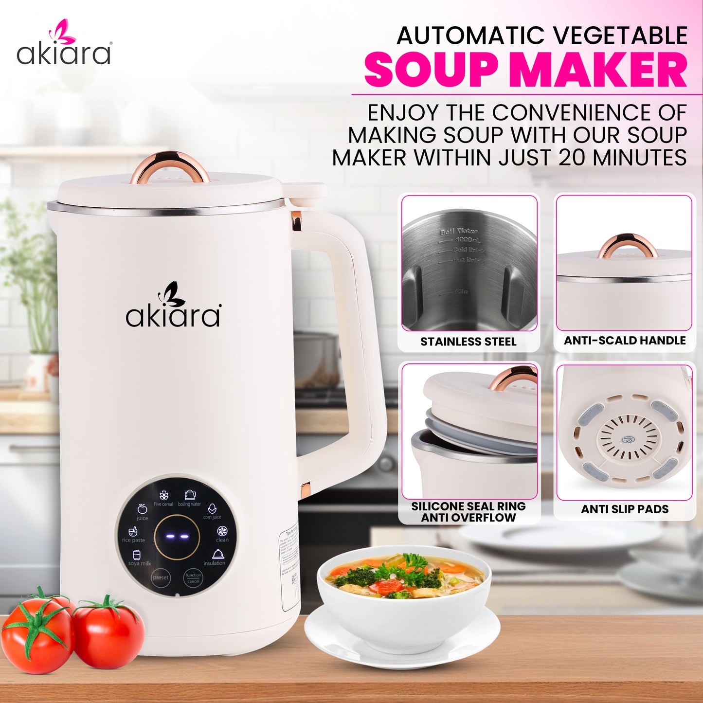 Akiara 5-in-1 Automatic Soup & Beverage Maker - Multifunctional Use for Soup, Soy Milk, Juice, & More
