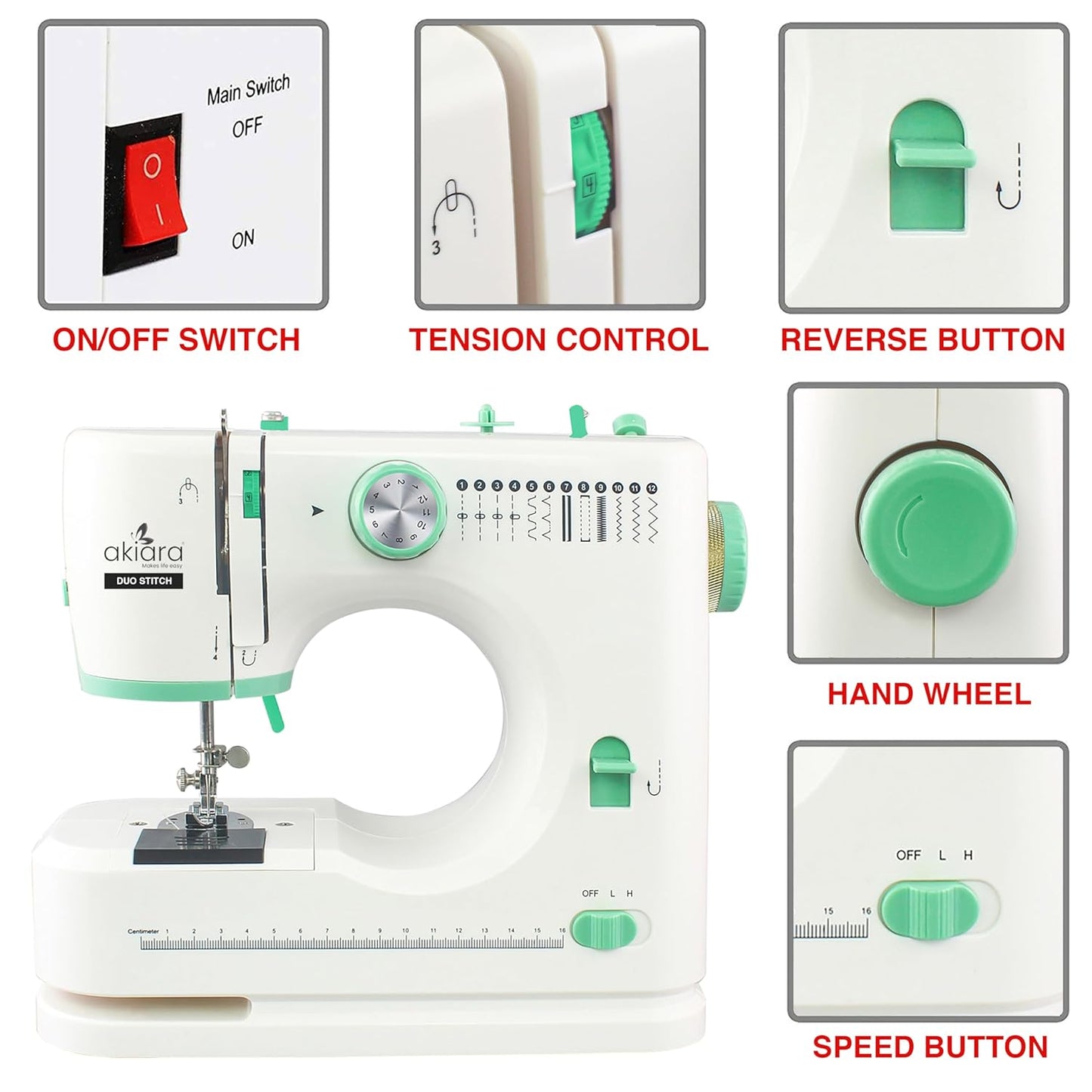 Akiara 12-Pattern Silai Machine - Electric with Reverse Stitch, Zig Zag, & Auto Rewind (White & Green)