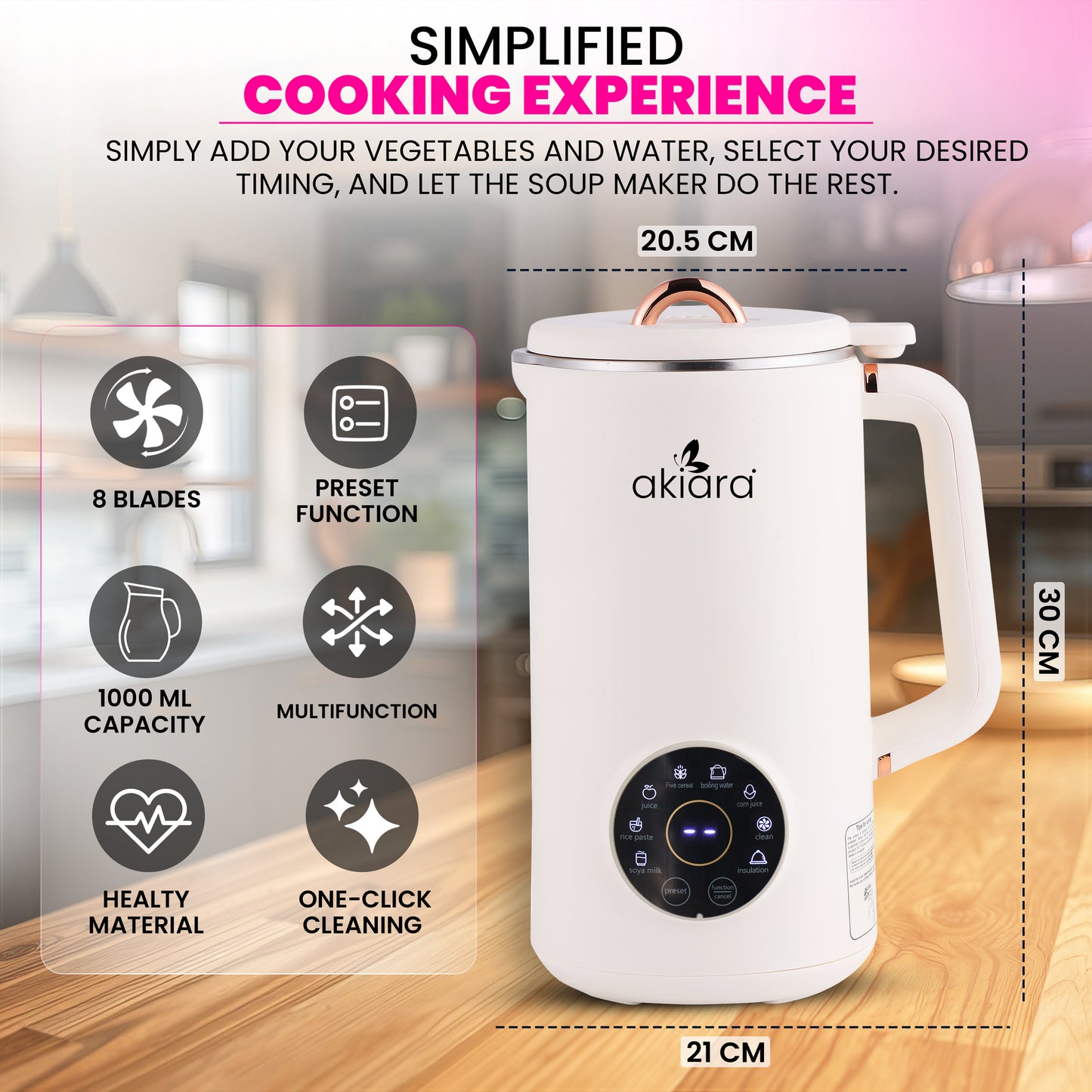 Akiara 5-in-1 Automatic Soup & Beverage Maker - Multifunctional Use for Soup, Soy Milk, Juice, & More