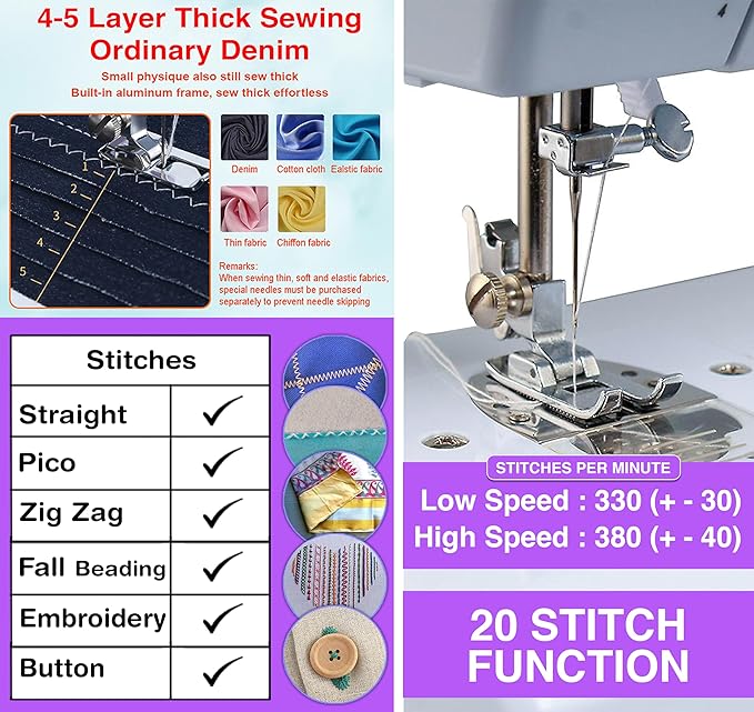 Akiara Easy Stitch Sewing Machine - 20 Patterns, Reverse Stitch, Zig Zag, Perfect for Home Tailoring