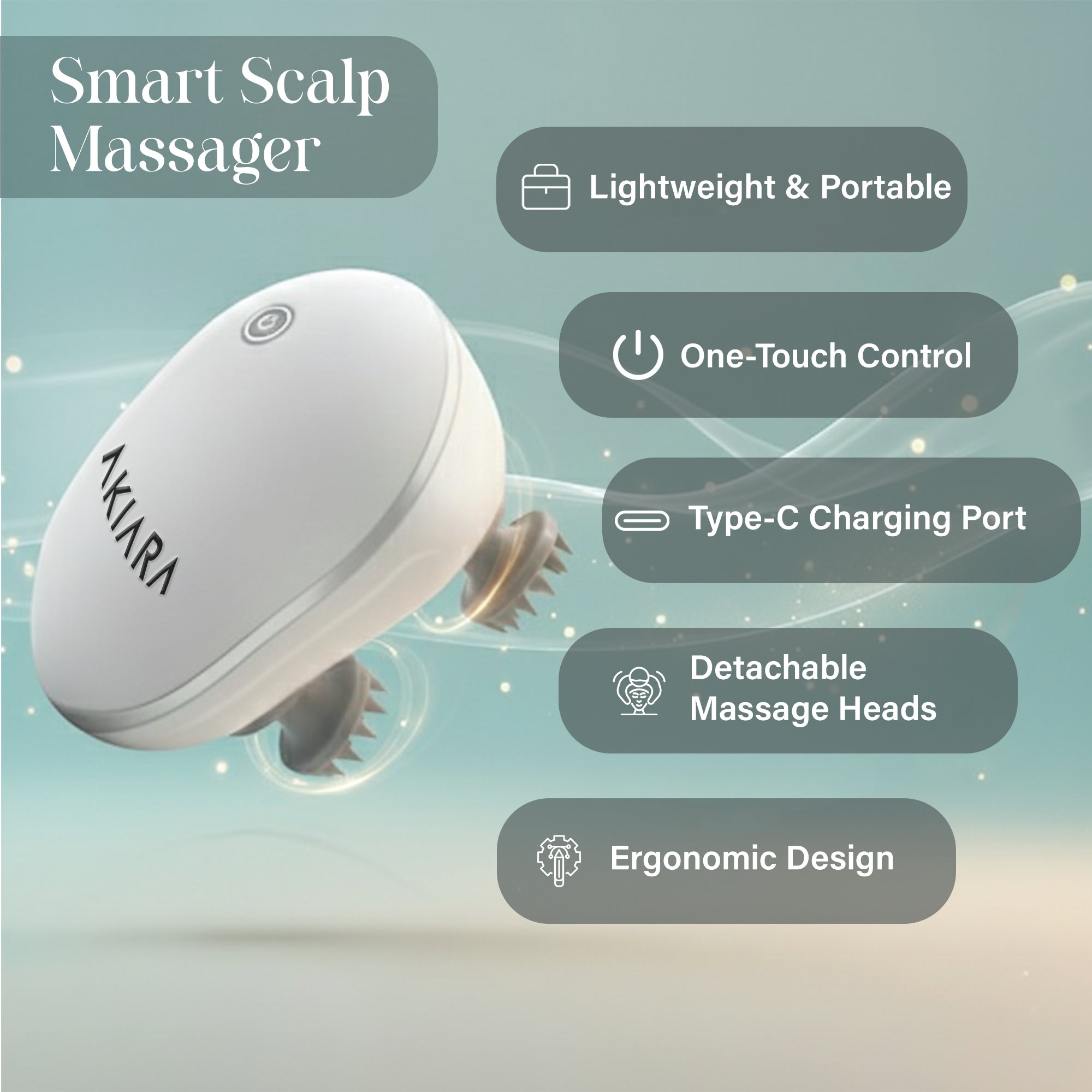 Akiara Smart Scalp Massager for Head, Hair & Body Relaxation | Electric Portable Waterproof Head Massager with 4 Kneading Nodes | Stress Relief, Blood Circulation & Hair Growth | USB Rechargeable