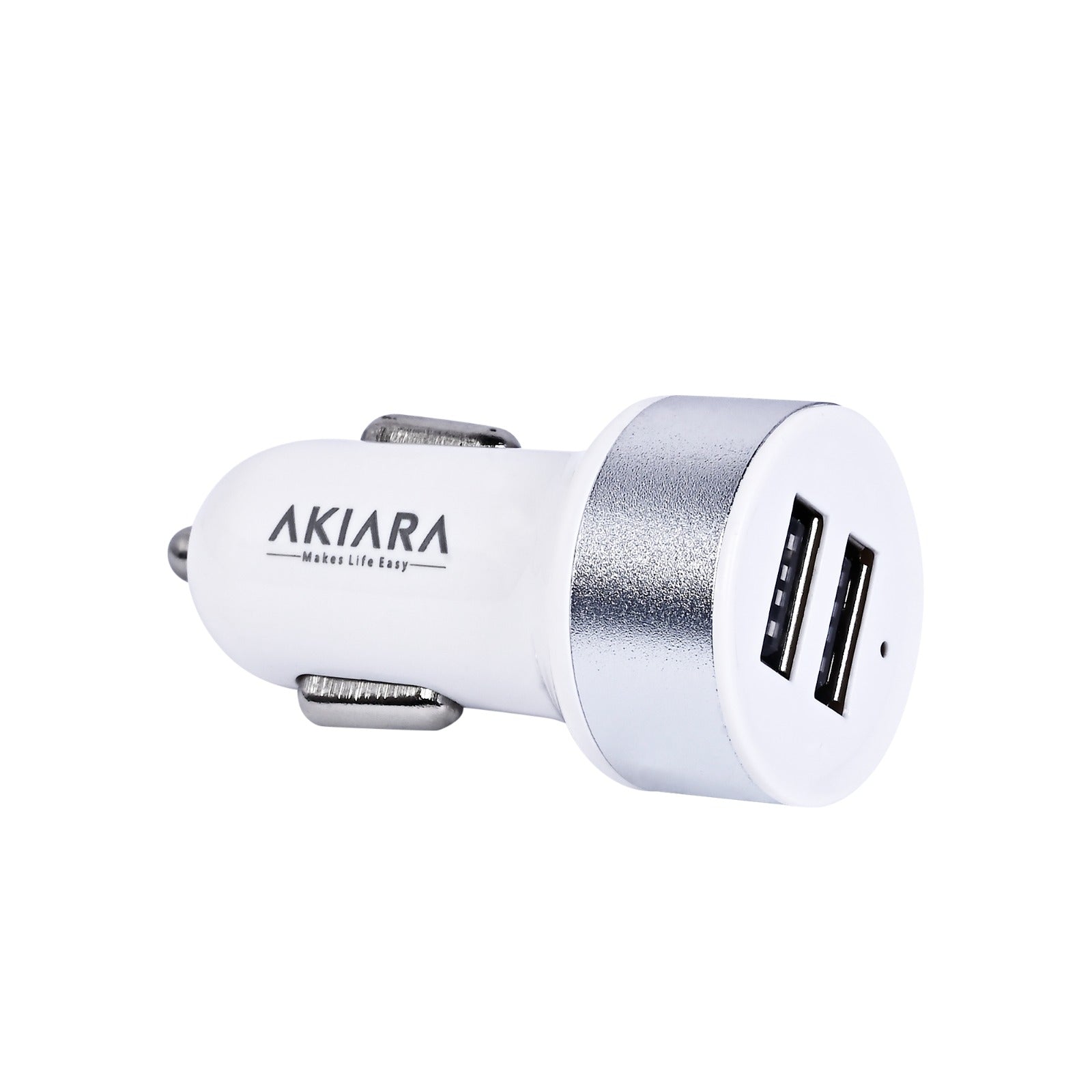 Akiara Car Charger with 10.5 Watts, Dual USB Ports, Compact Design, Built in Protections, Led Indicator, Included USB - Type-C Cable - Cellular Phones, White