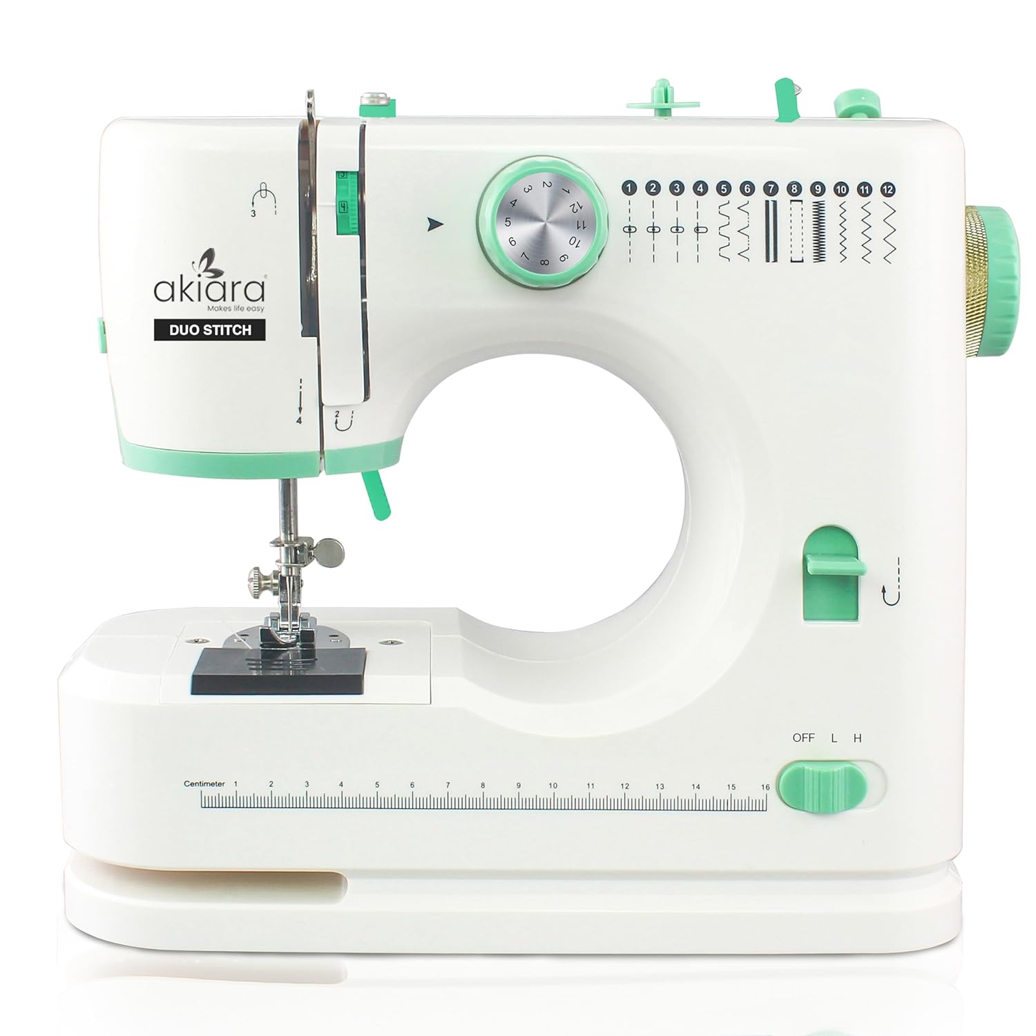 Akiara 12-Pattern Silai Machine - Electric with Reverse Stitch, Zig Zag, & Auto Rewind (White & Green)