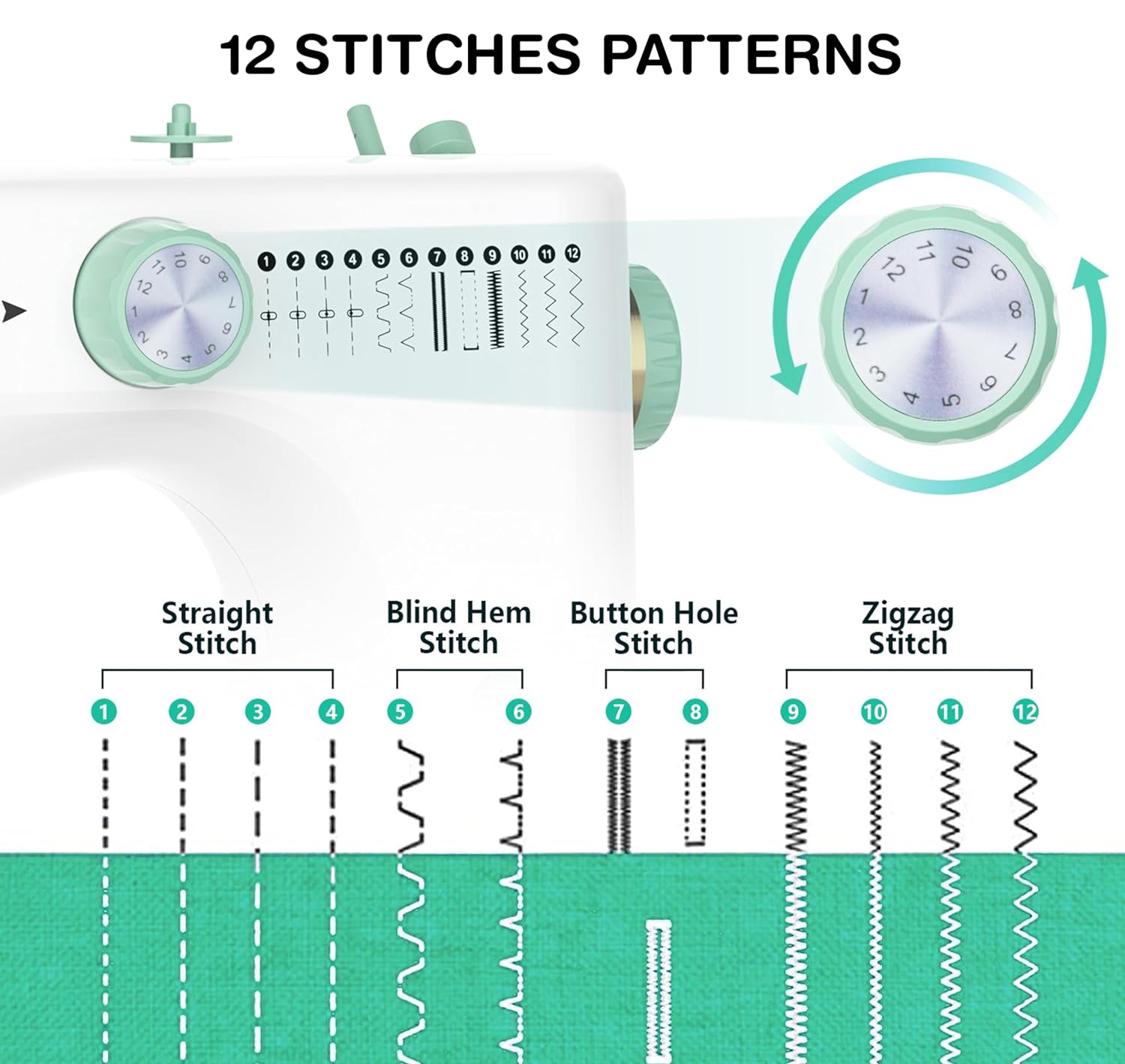 Akiara 12-Pattern Silai Machine - Electric with Reverse Stitch, Zig Zag, & Auto Rewind (White & Green)