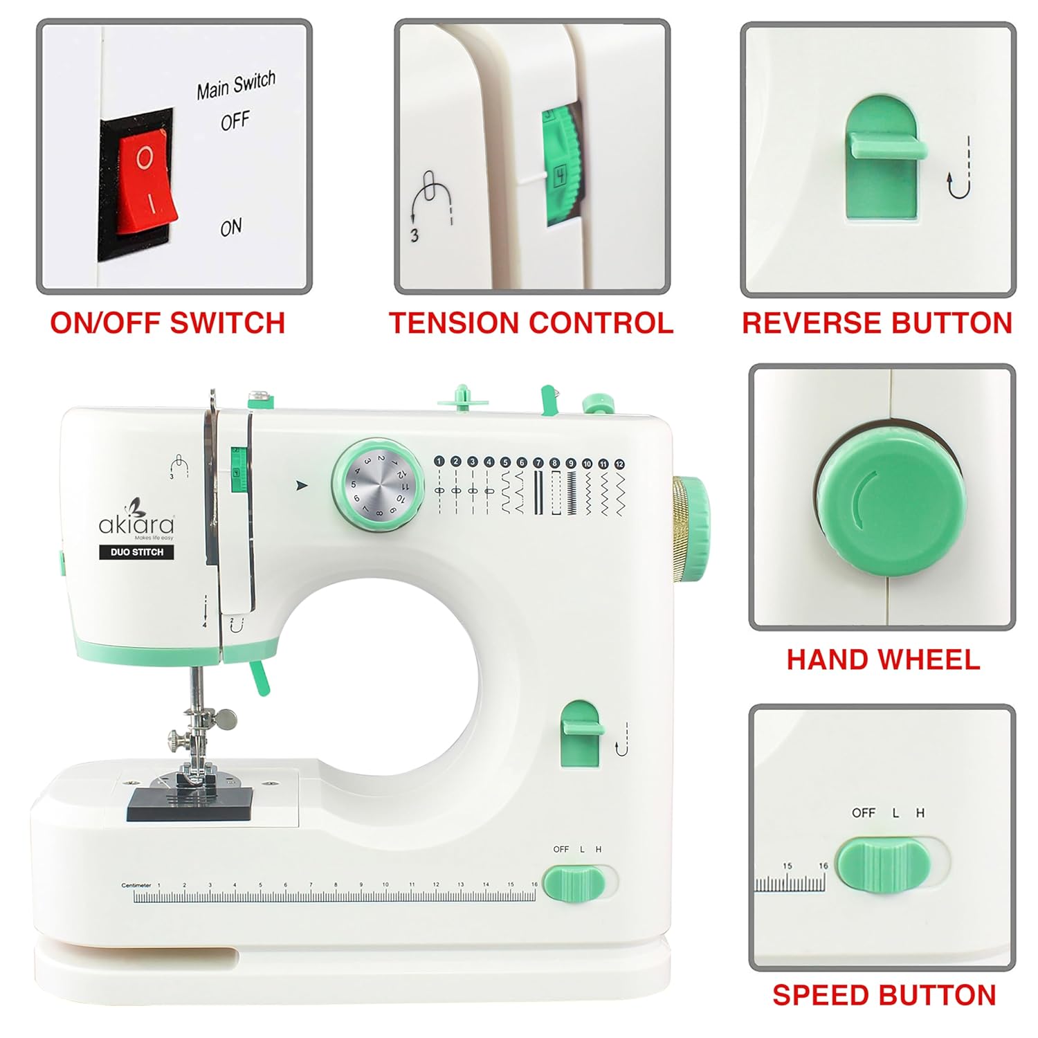 Akiara Embroidery Sewing Machine – 12 Stitch Pattern Portable Electric Stitching Machine with Reverse & Zigzag Stitch, Foot Pedal & Auto Mode (White)