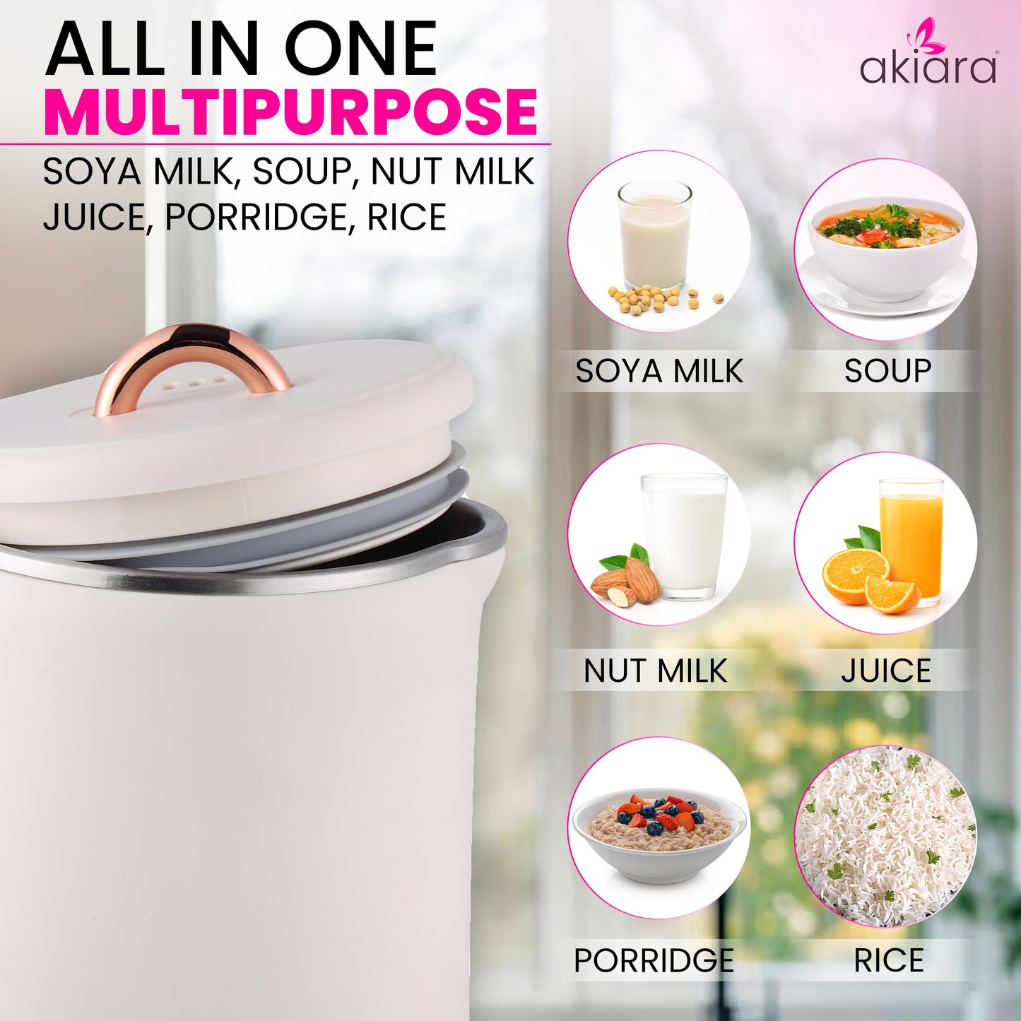 Akiara 5-in-1 Automatic Soup & Beverage Maker - Multifunctional Use for Soup, Soy Milk, Juice, & More