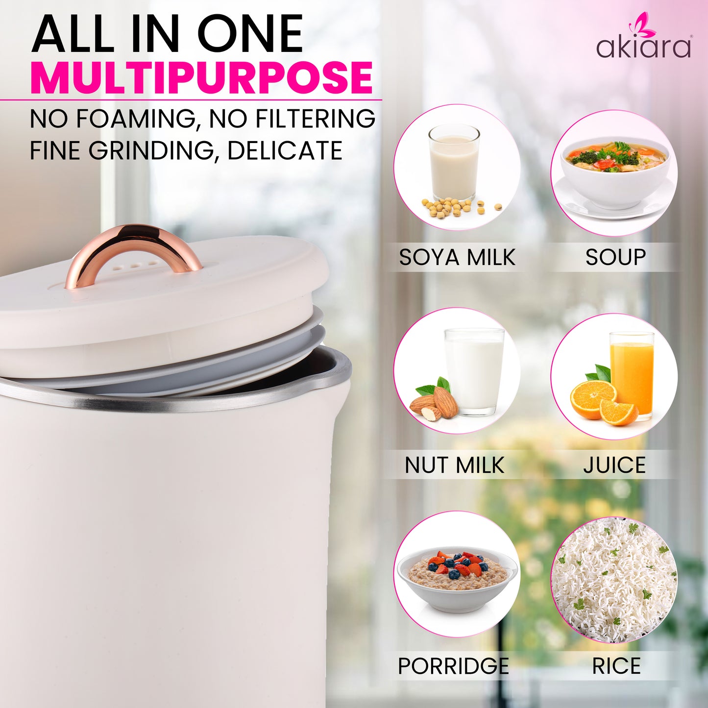 Akiara 5-in-1 Automatic Soup & Beverage Maker - Multifunctional Use for Soup, Soy Milk, Juice, & More