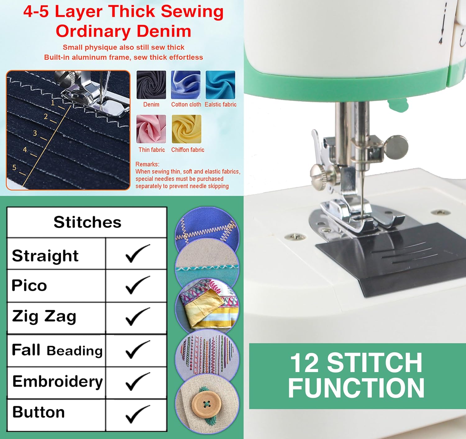 Akiara Embroidery Sewing Machine – 12 Stitch Pattern Portable Electric Stitching Machine with Reverse & Zigzag Stitch, Foot Pedal & Auto Mode (White)