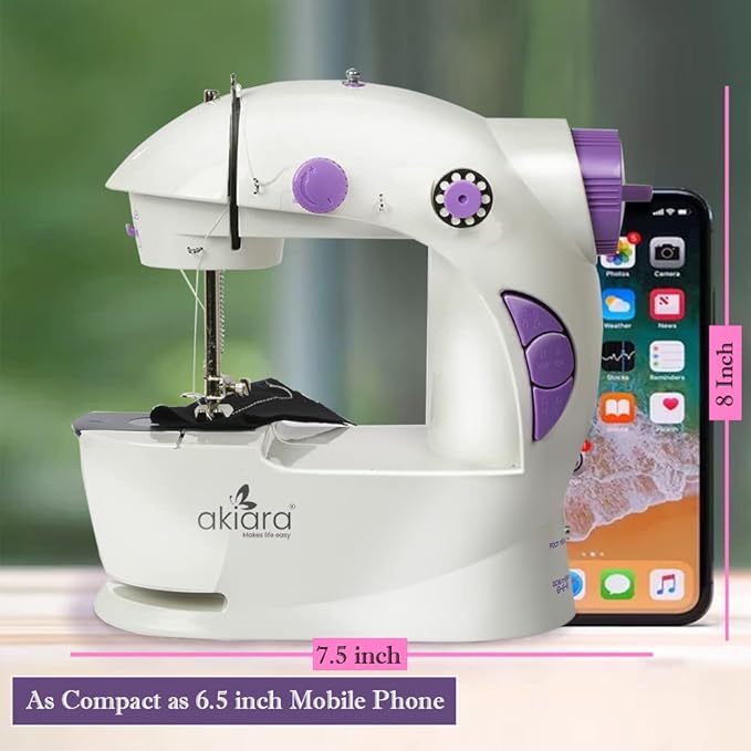 Akiara Portable Mini Sewing Machine for Home Tailoring – Easy to Use Electric Silai Machine with Foot Pedal (White & Purple) WITHOUT TABLE