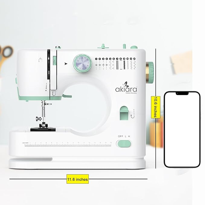 Akiara 12-Pattern Silai Machine - Electric with Reverse Stitch, Zig Zag, & Auto Rewind (White & Green)