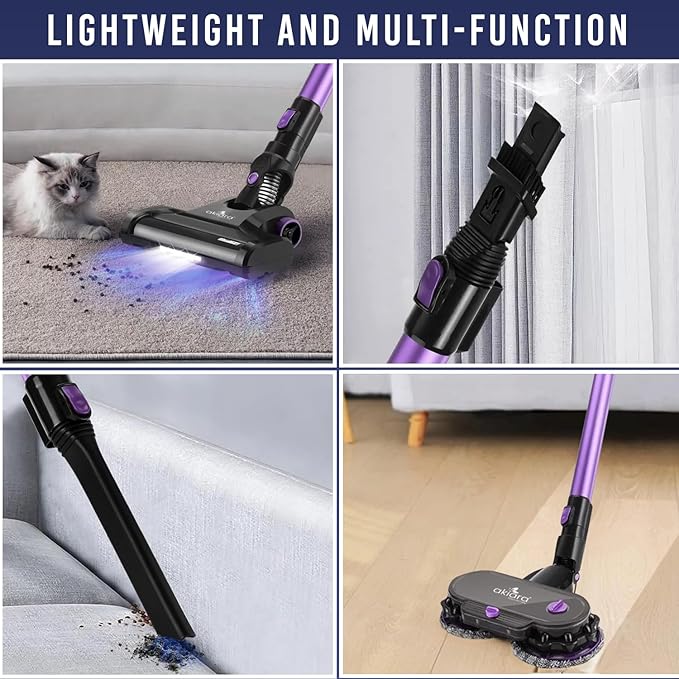 Akiara Cordless Vacuum & Mop Combo - 130W Suction, 50-Min Runtime, 6-in-1 for Carpet & Hard Floor (Purple)