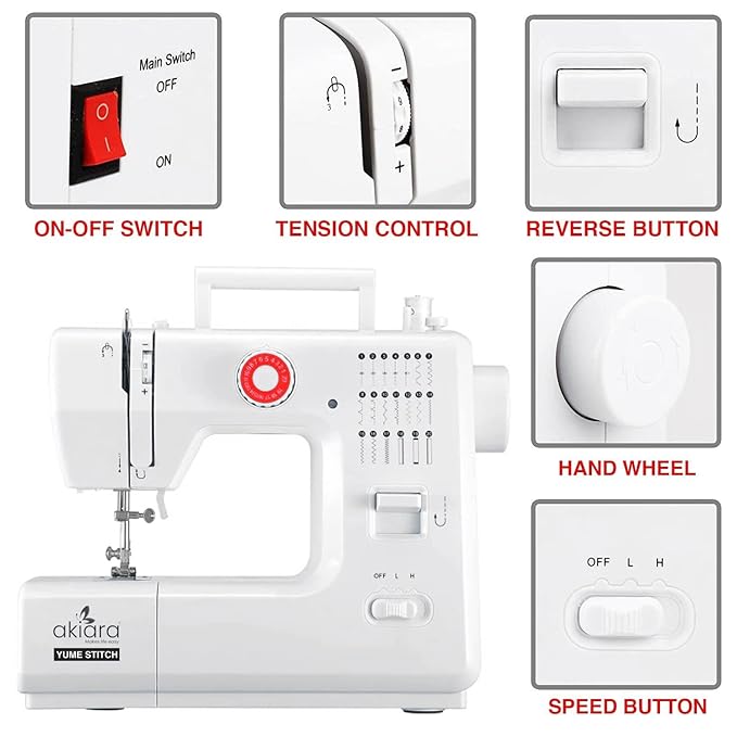 Akiara Sewing & Embroidery Machine – 20 Stitch Patterns, Reverse & Zig Zag Stitch, Heavy Metal Frame, Foot Pedal & Auto Sewing Mode, Portable AC/DC Tailoring Machine