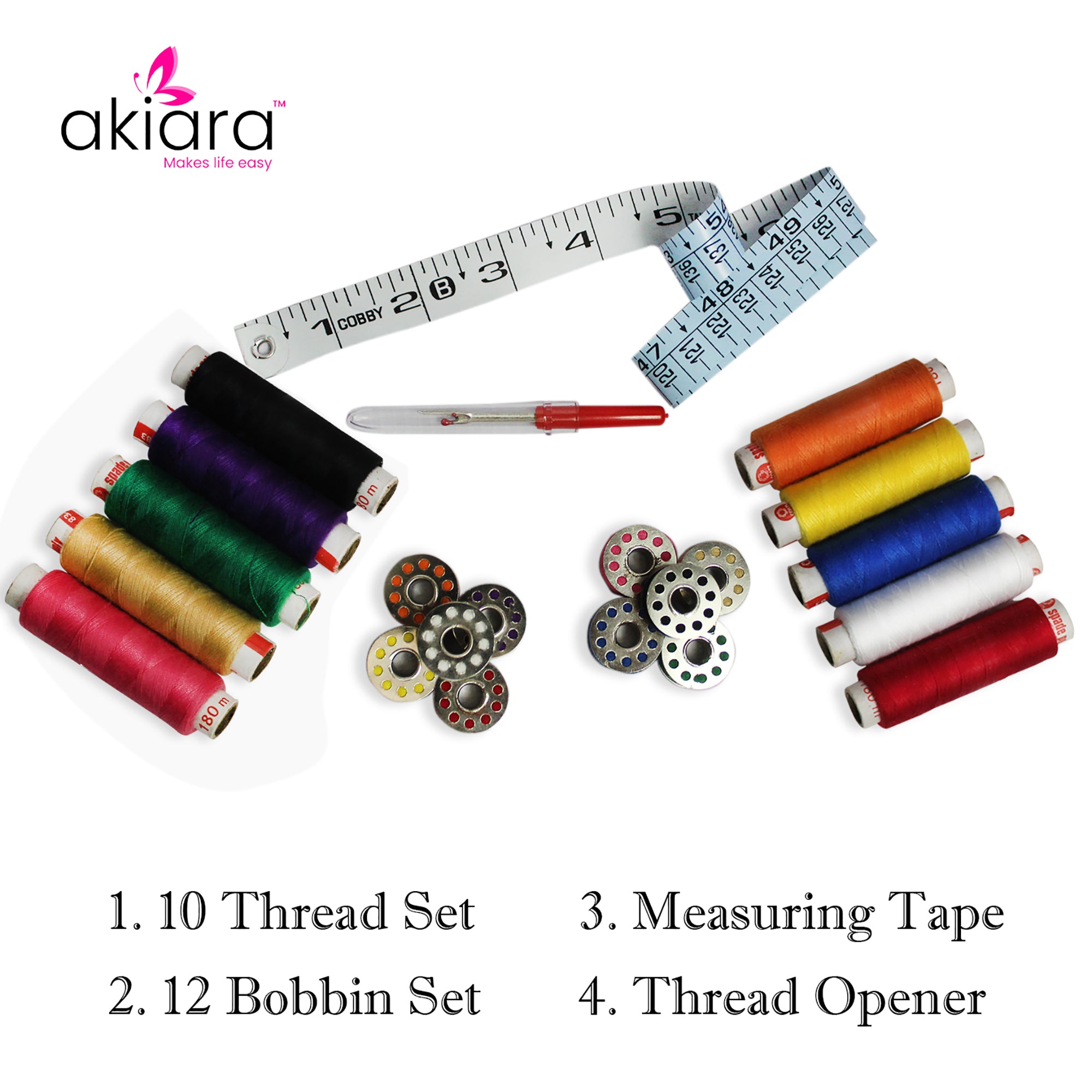 Akiara® Sewing Thread & Bobbins Box | Tailoring Accessories| Sewing Kit with Thread Opener, Measuring Tape, 10 Multicolored Threads & 10 refilled Multicolour bobbins