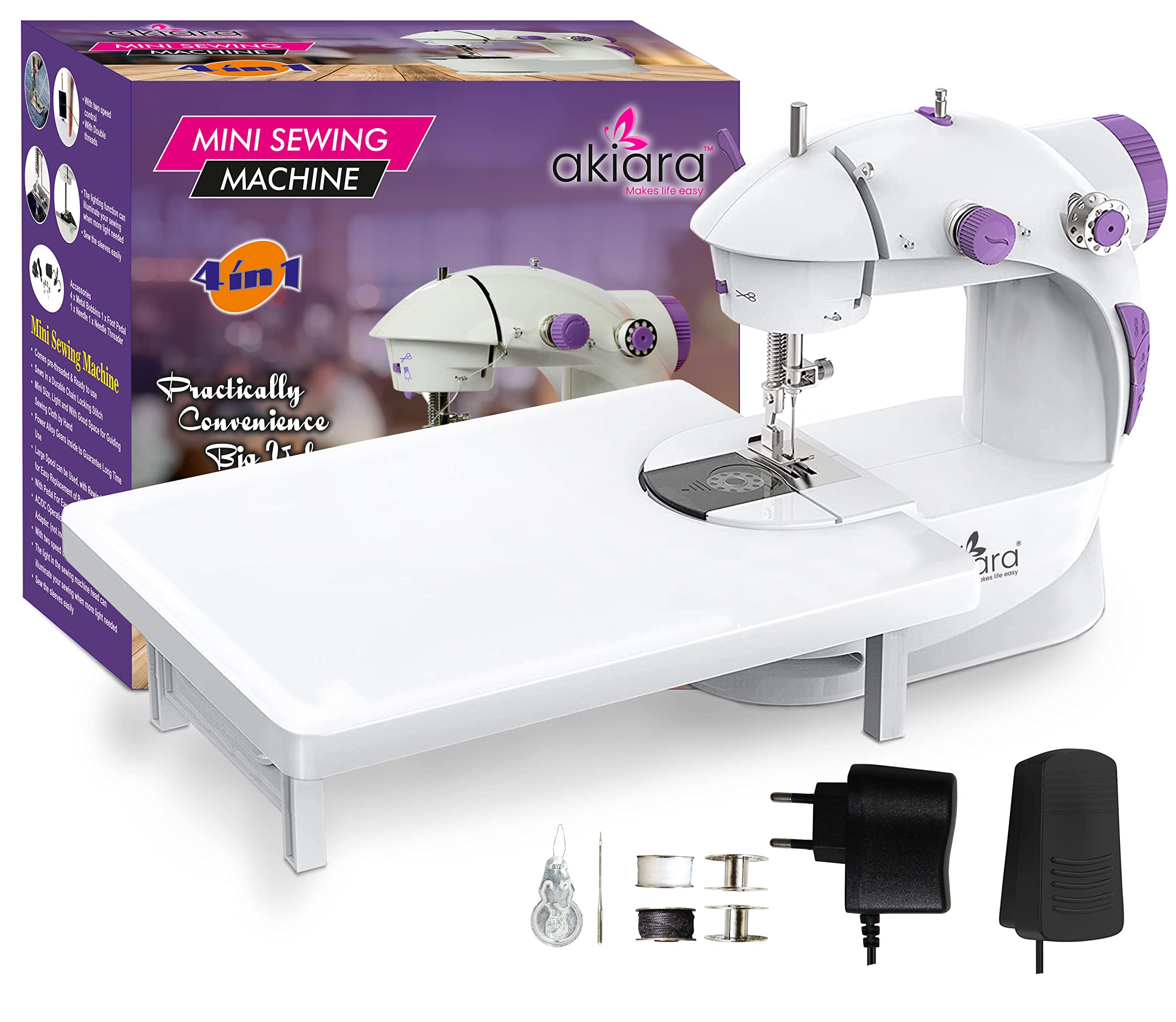 Akiara Mini Sewing Machine with Extension Table – Portable Electric Tailoring & Hand Stitching Machine with Foot Pedal, Adapter & Accessories | White