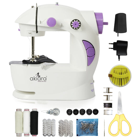 Akiara Portable Mini Sewing Machine with Handy Sewing Kit & Accessories – Electric Stitching Machine with Foot Pedal, Dual Speed & AC/DC Power (White & Purple)