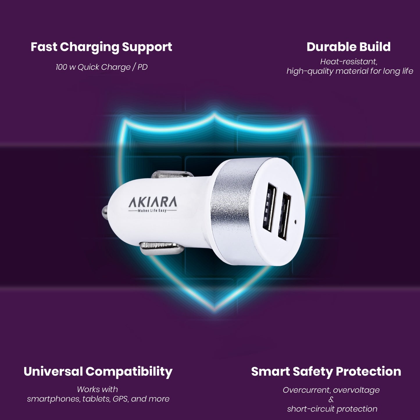 Akiara Car Charger with 10.5 Watts, Dual USB Ports, Compact Design, Built in Protections, Led Indicator, Included USB - Type-C Cable - Cellular Phones, White