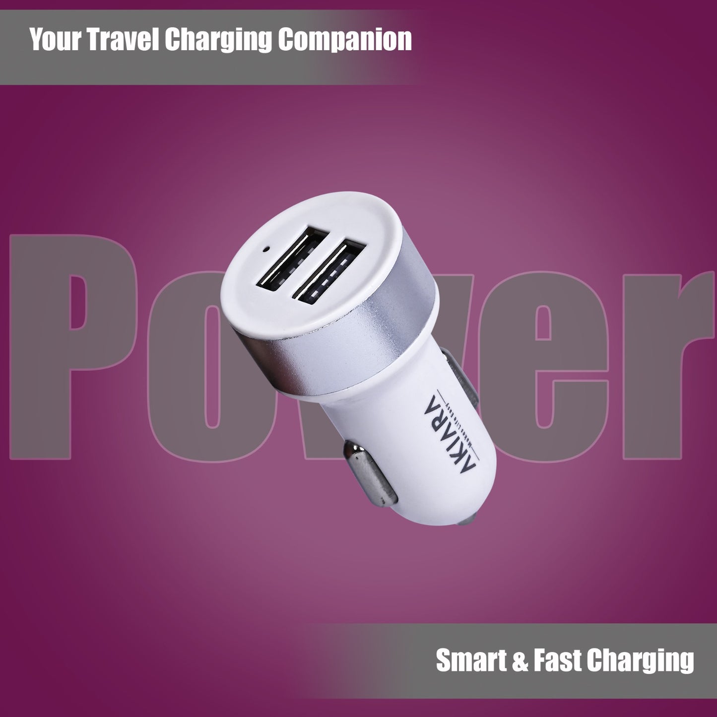 Akiara Car Charger with 10.5 Watts, Dual USB Ports, Compact Design, Built in Protections, Led Indicator, Included USB - Type-C Cable - Cellular Phones, White