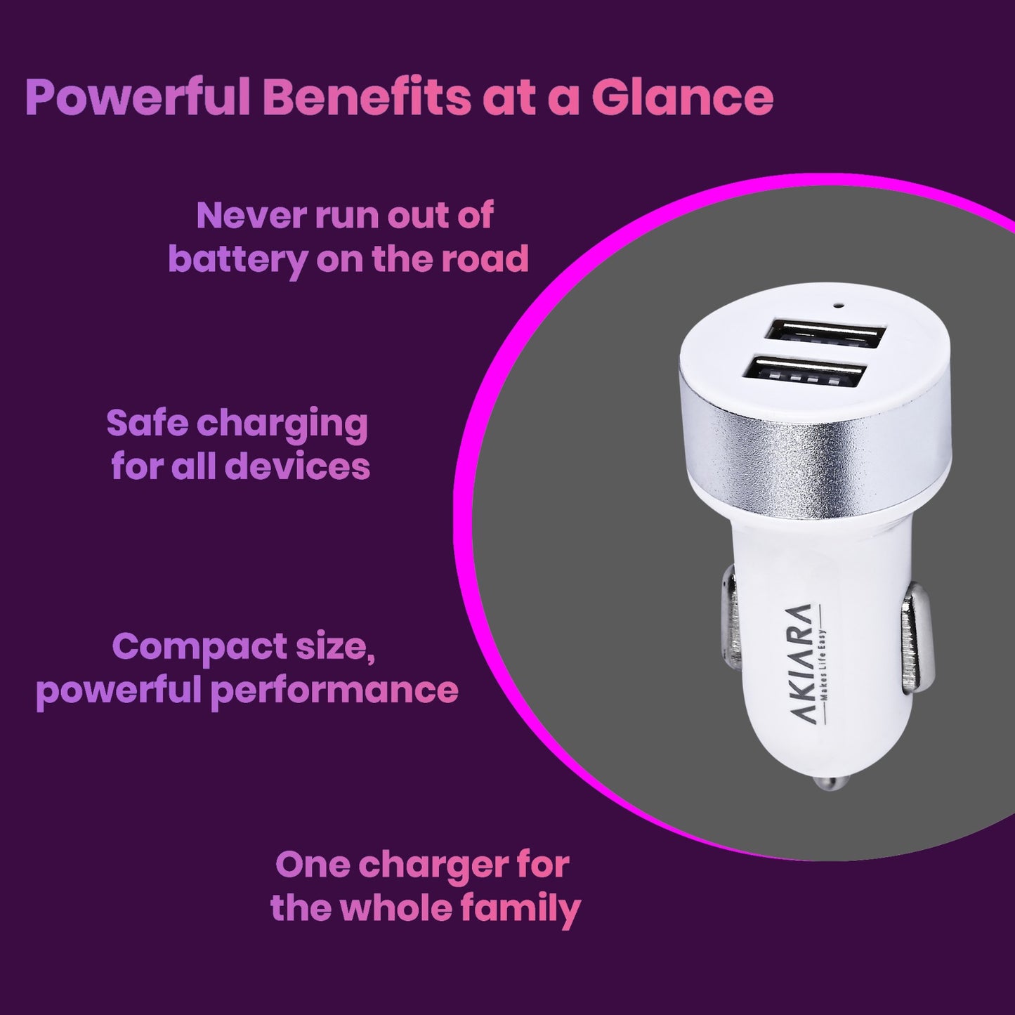 Akiara Car Charger with 10.5 Watts, Dual USB Ports, Compact Design, Built in Protections, Led Indicator, Included USB - Type-C Cable - Cellular Phones, White