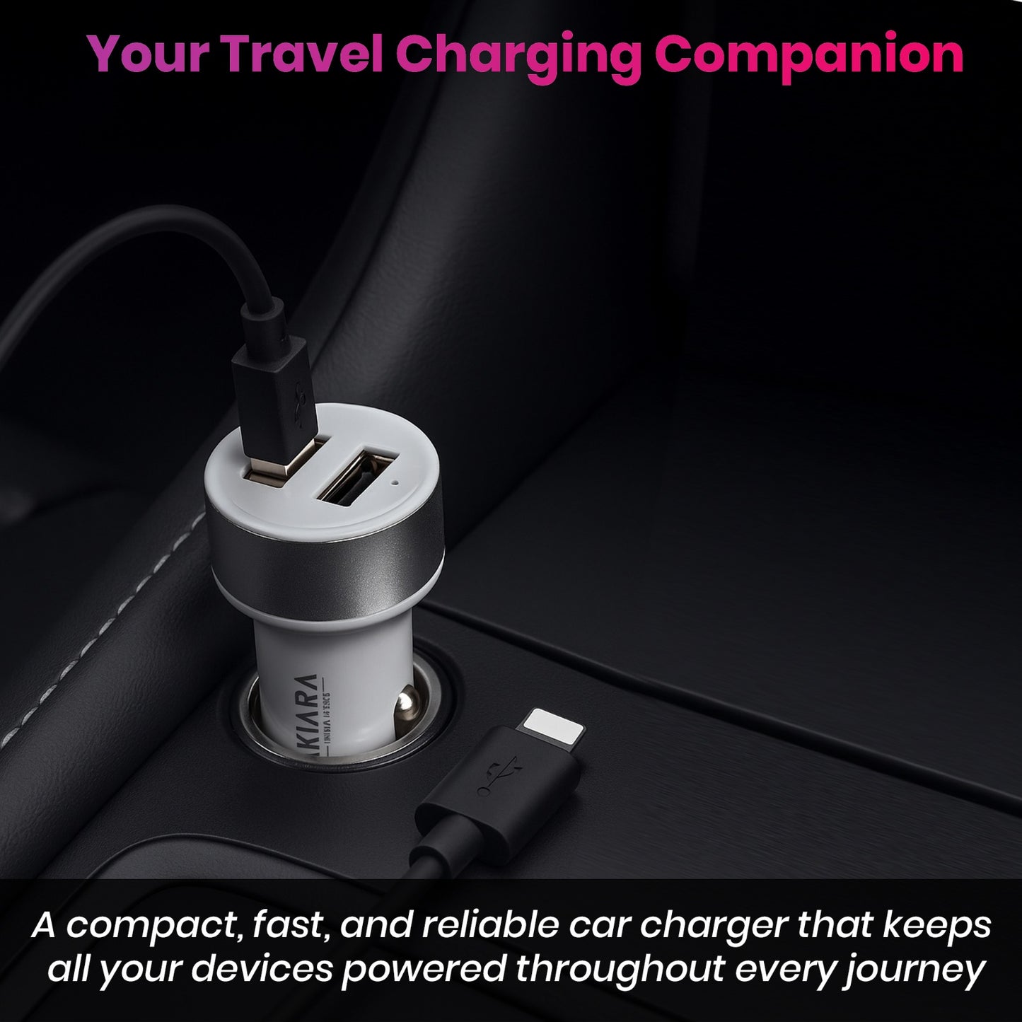 Akiara Car Charger with 10.5 Watts, Dual USB Ports, Compact Design, Built in Protections, Led Indicator, Included USB - Type-C Cable - Cellular Phones, White