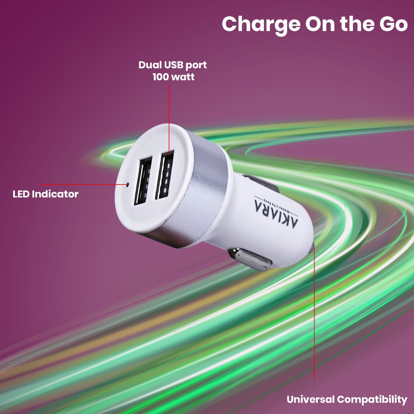 Akiara Car Charger with 10.5 Watts, Dual USB Ports, Compact Design, Built in Protections, Led Indicator, Included USB - Type-C Cable - Cellular Phones, White