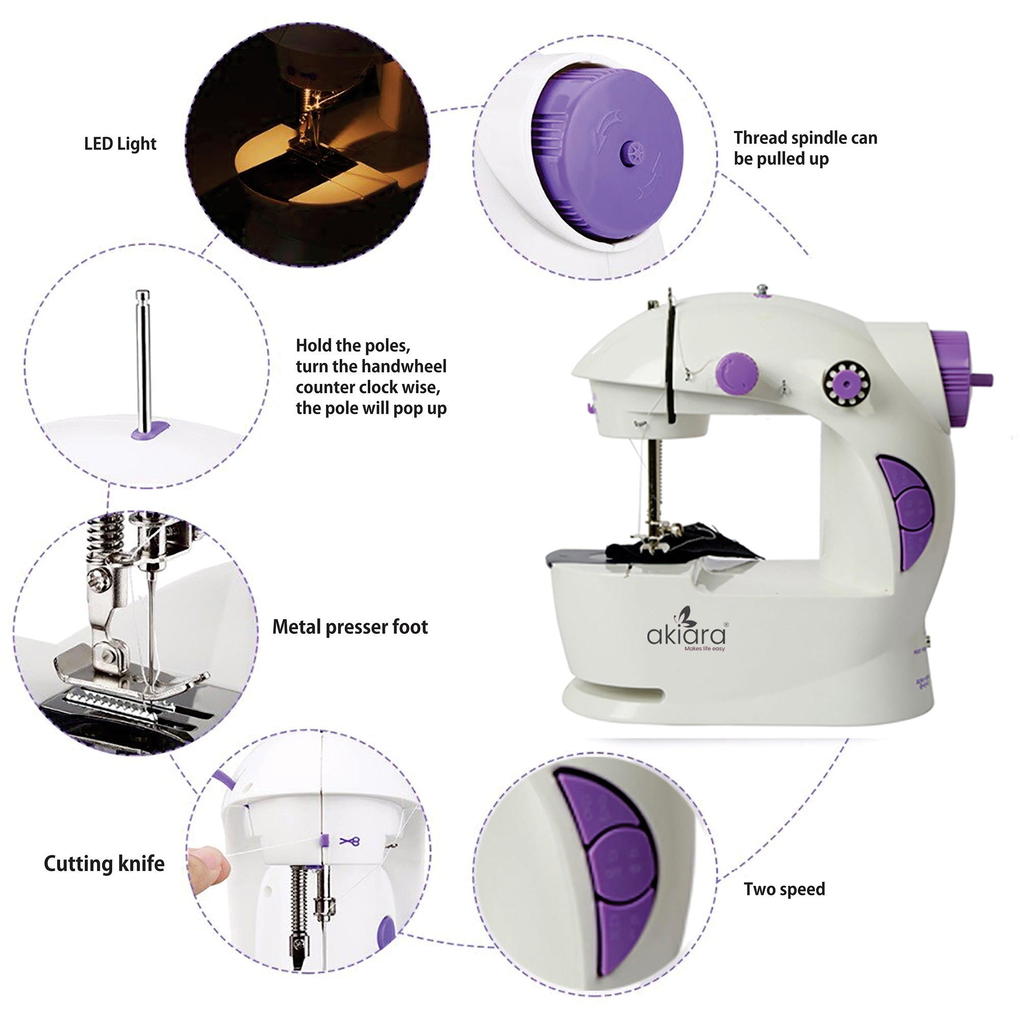 Akiara Mini Sewing Machine Kit – Portable Electric Stitching Machine with Foot Pedal, AC/DC Power, 24 Needles, Threads & Accessories | Best Small Sewing Machine for Home & Beginners